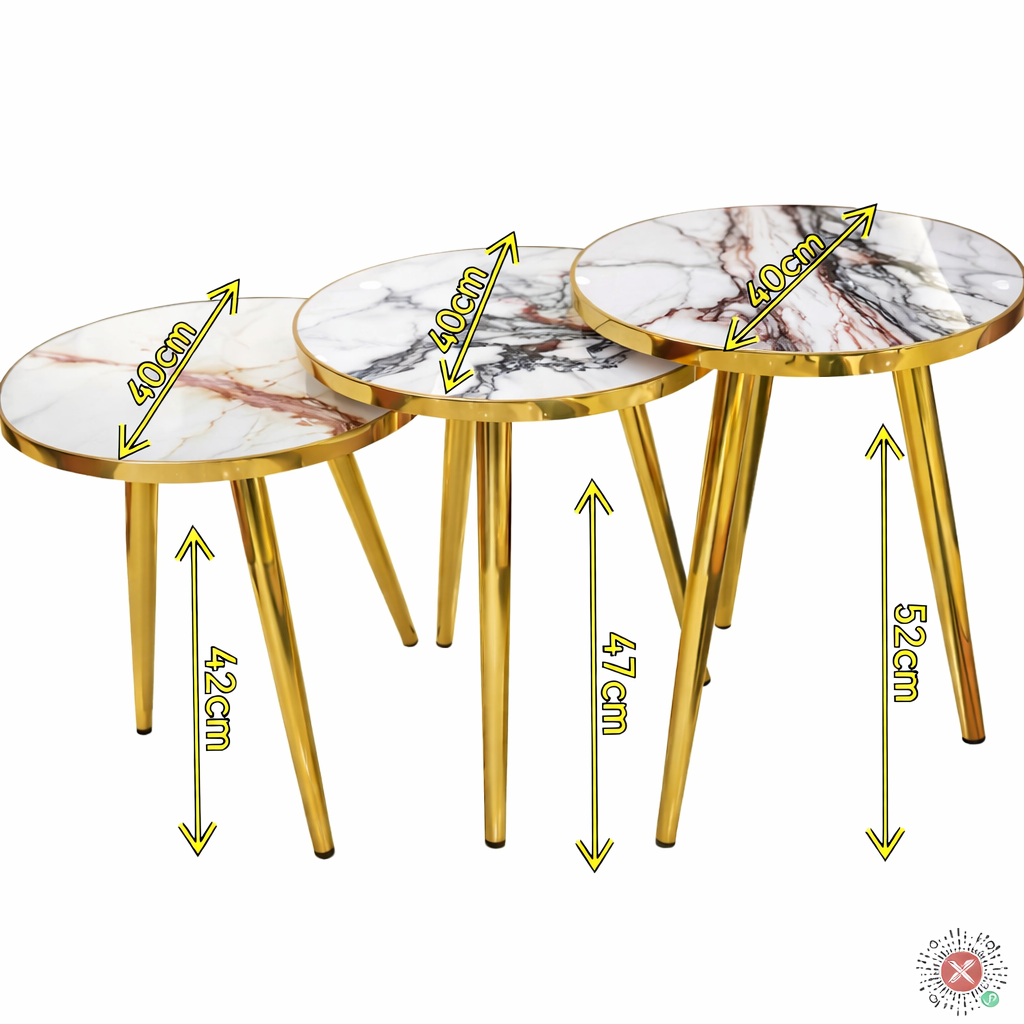 Set 3 masute de cafea tip nesting, cu blat tip marmura ,rotunde, alb si auriu – design premium