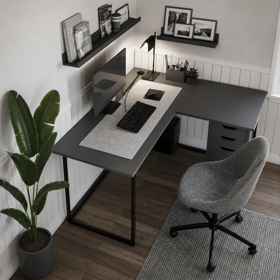 Birou de colt in forma L 140x147,8x73,8 cm, cu rafturi integrate si cadru metalic, pentru home office sau birou