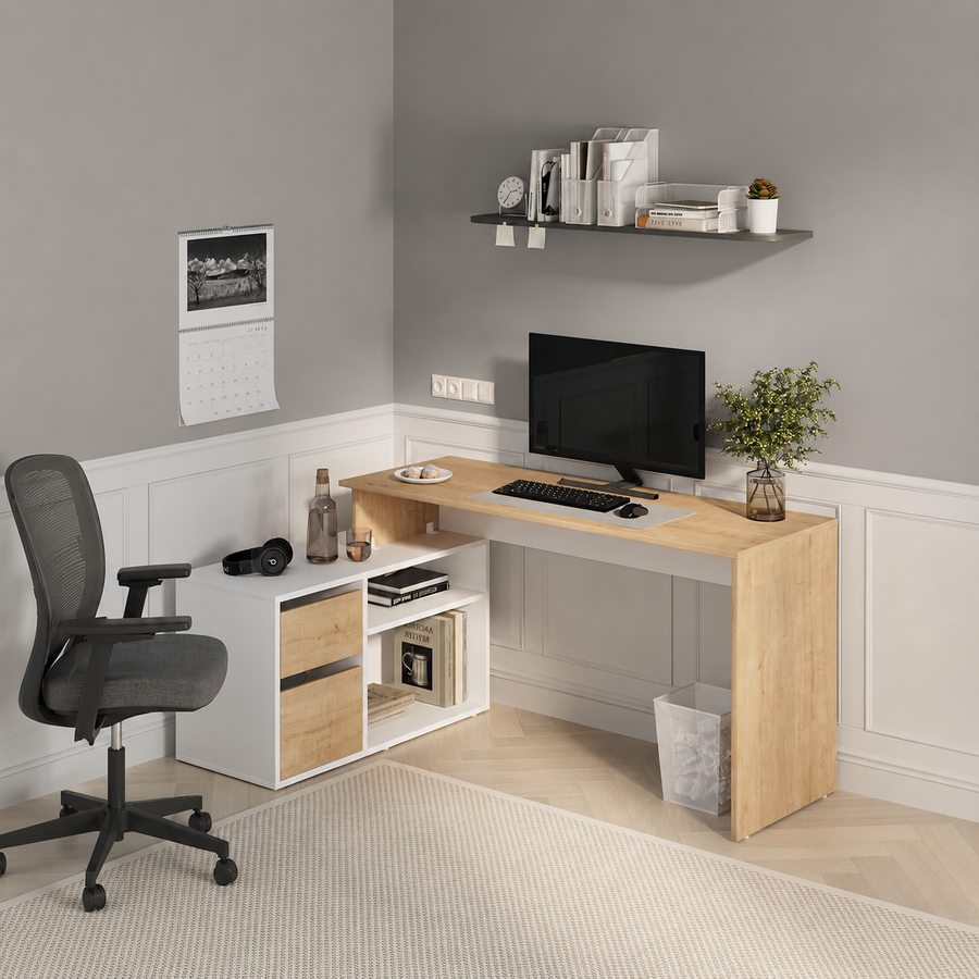 RESIGILAT - Birou modern 139x51x75 cm, cu corp de depozitare 92x40x53 cm, pentru birou, office sau home office