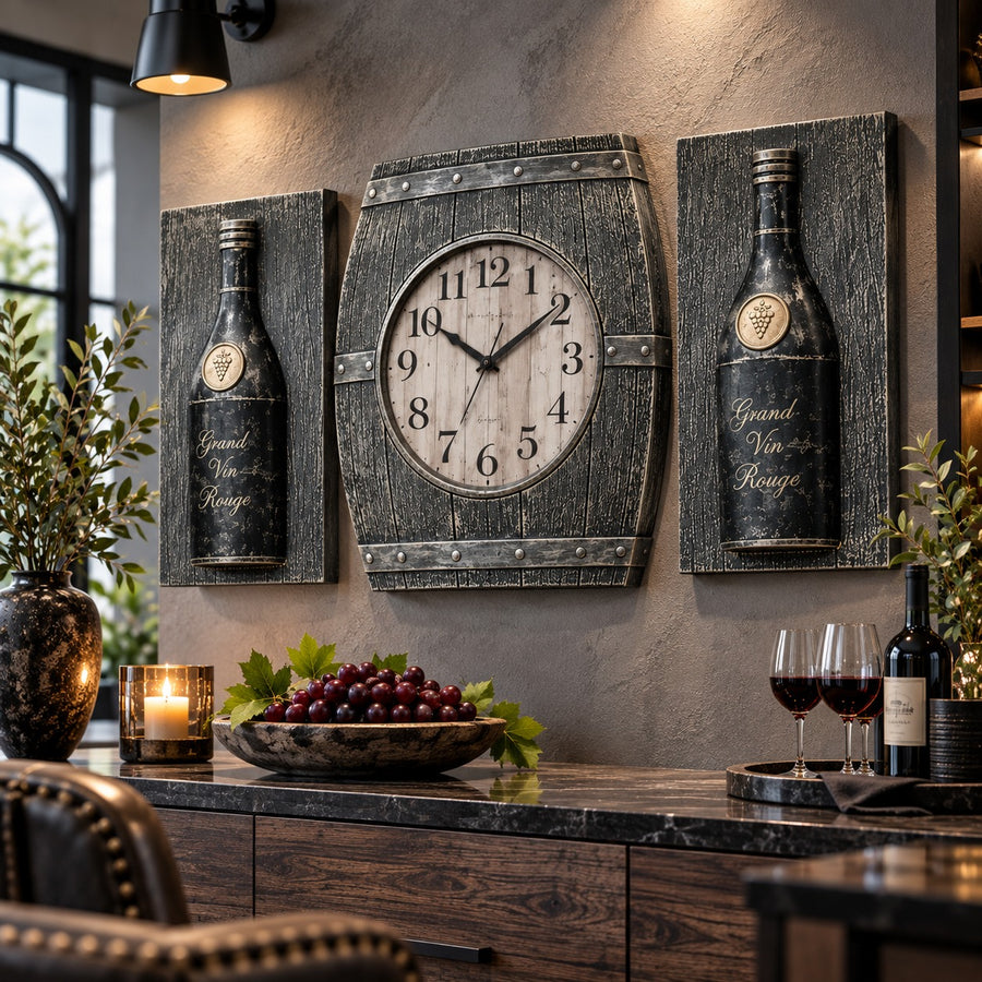 Set Decorativ de Perete Premium cu Ceas și 2 Panouri cu Sticlă de Vin, Design Rustic 3D – 3 Piese - detaliu produs