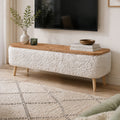 Comoda TV SARVEN 120cm Alb Stejar Depozitare Texturat Design Scandinav