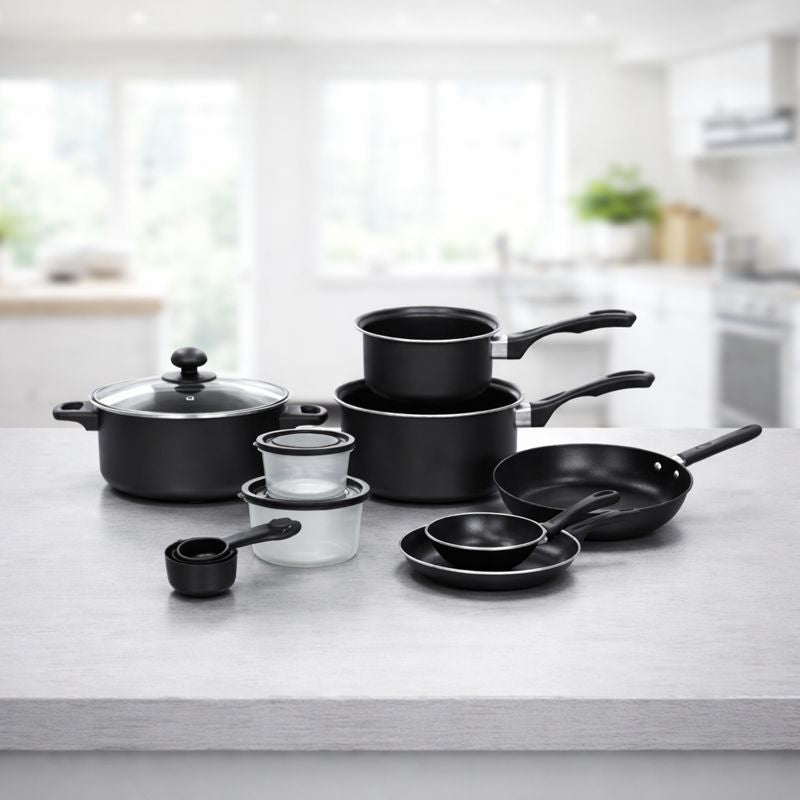 Set Bucatarie Complet, 22 Piese cu Oale, Tigai, Wok, Tavi si Accesorii pentru Gatit, Negru