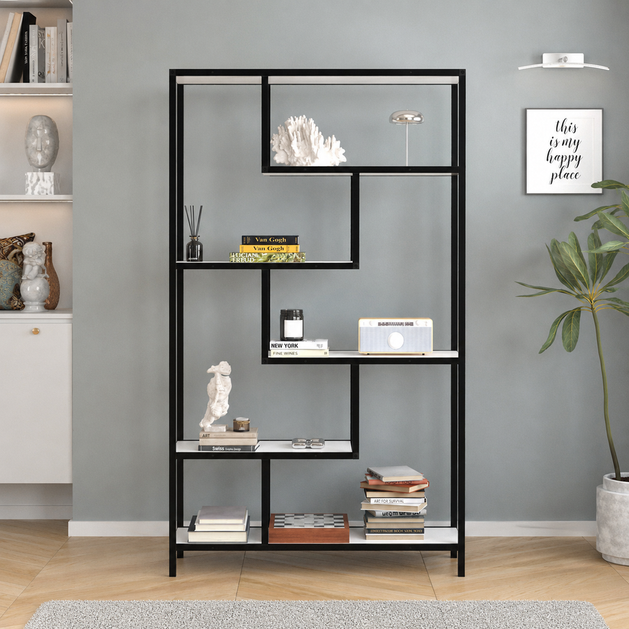 Biblioteca Moderna cu 6 Rafturi pentru Living si Birou, Cadru Metalic, PAL 18 mm, 88 x 30 x 160 cm