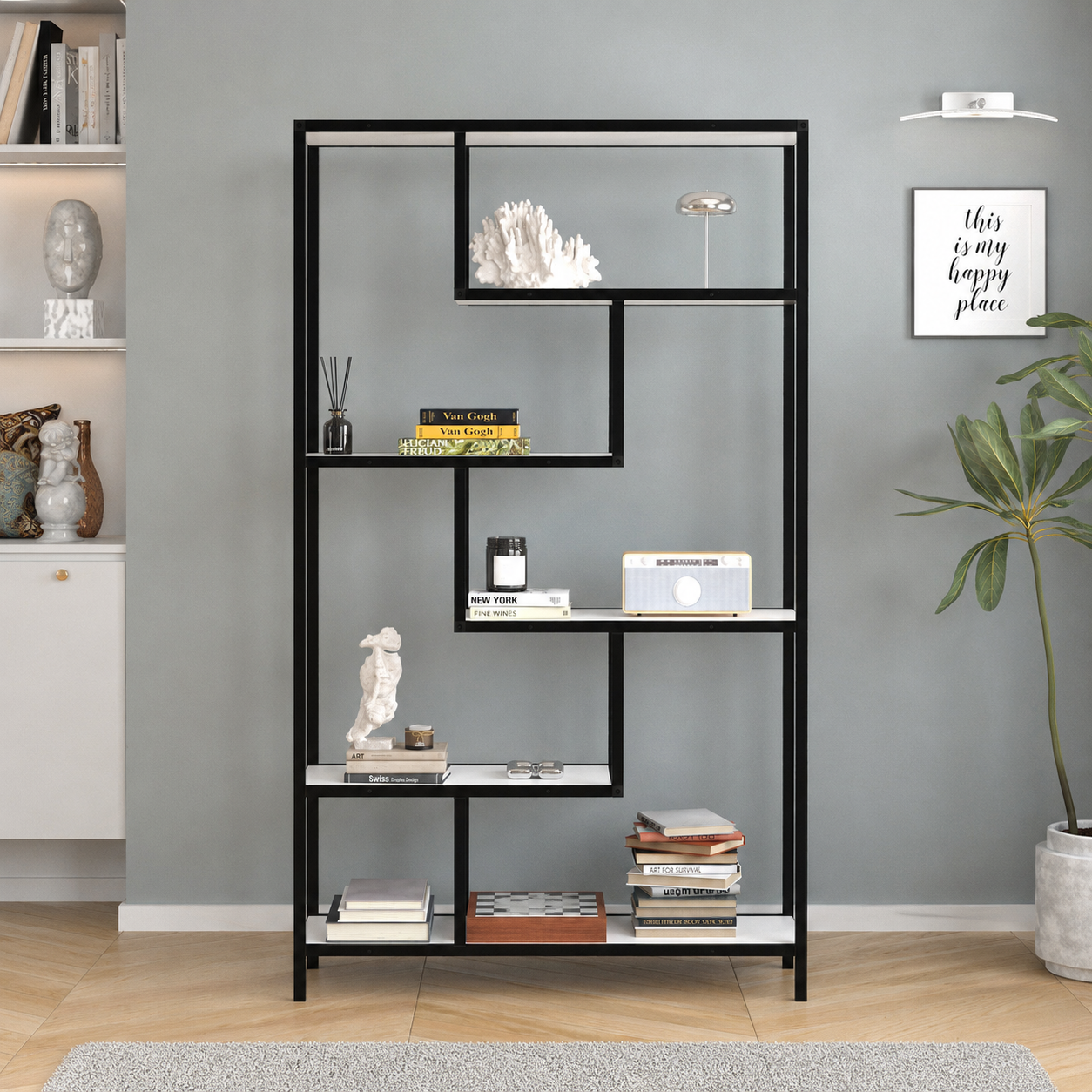 RESIGILAT - Biblioteca Moderna cu 6 Rafturi pentru Living si Birou, Cadru Metalic, PAL 18 mm, 88 x 30 x 160 cm