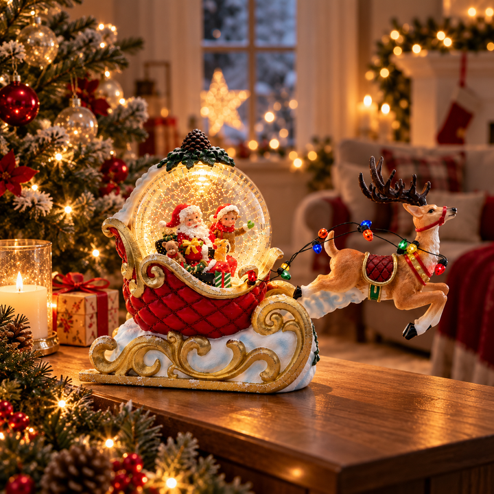 Decoratiune Craciun Santa in Sanie cu Ren LED Lumina Calda Ornament Festiv - detaliu produs