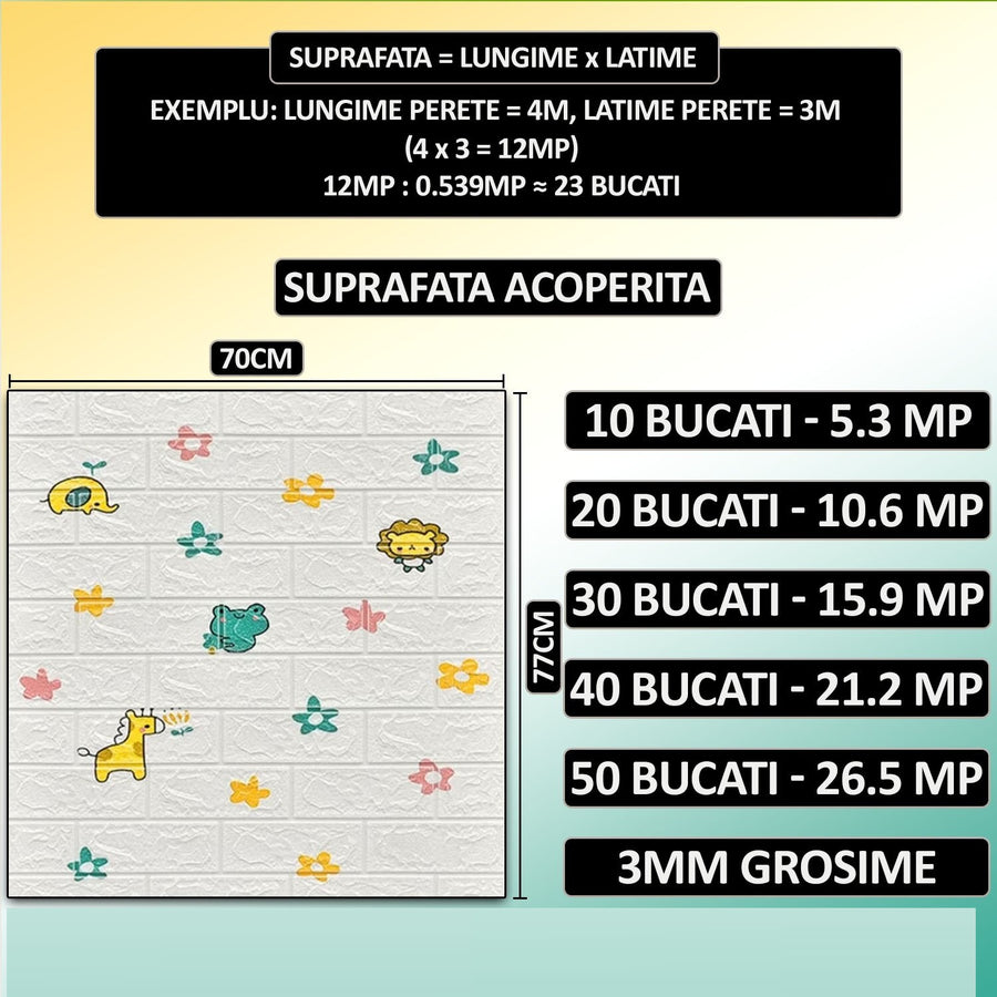 Tapet decorativ 3D autoadeziv pentru copii, model caramida cu animale si flori, 70 x 77 cm