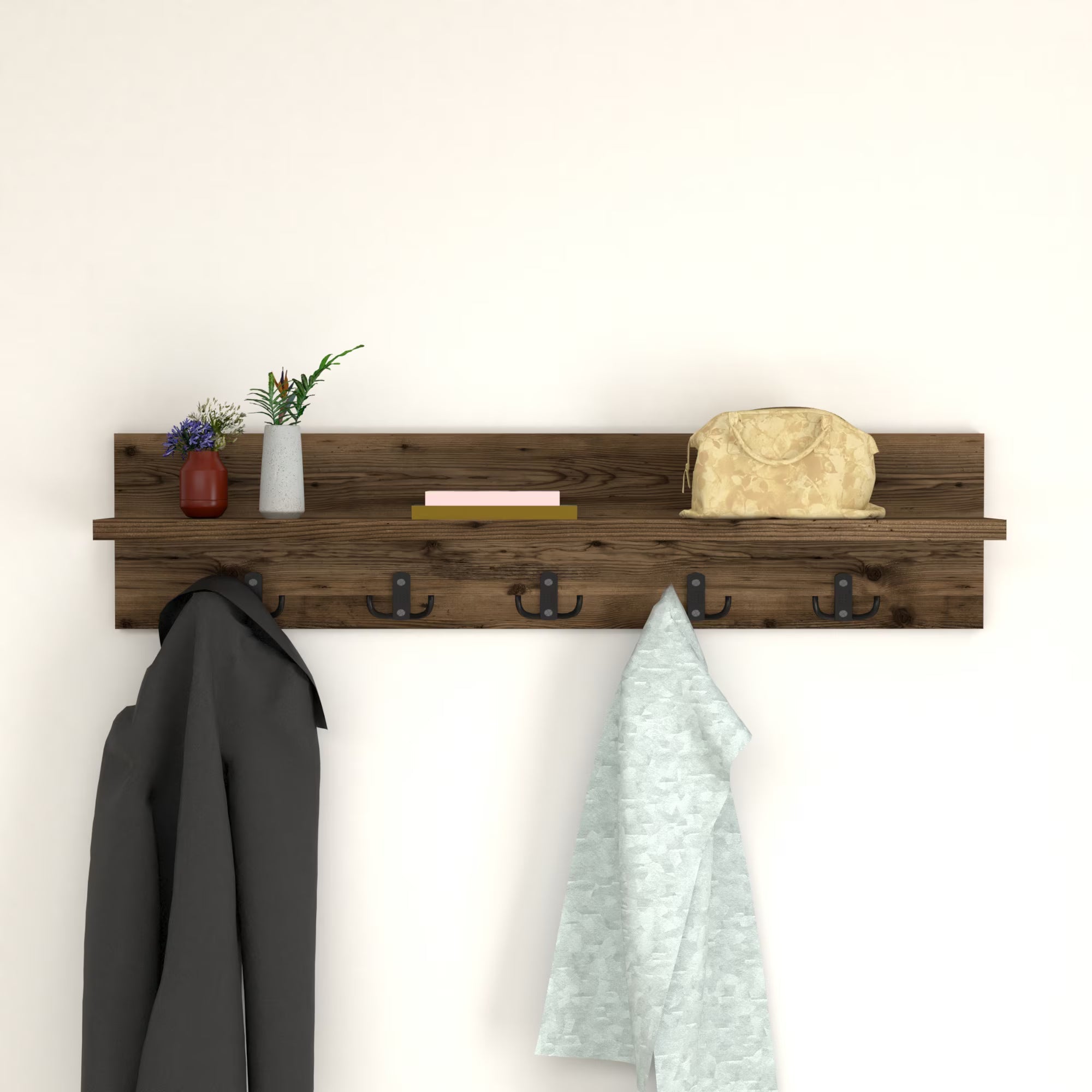 Cuier de perete cu 1 raft si 5 agatatori, montabil pe perete,   80 x 11 x 18 cm, PAL 18 mm