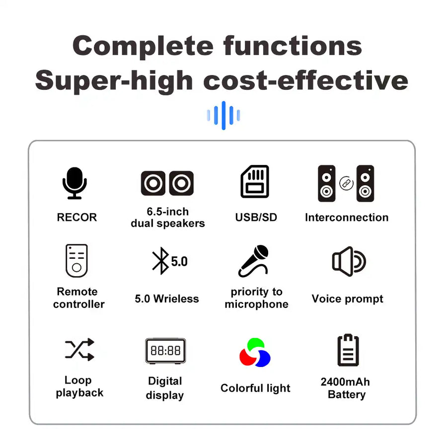 Boxa portabila Bluetooth cu difuzoare duale 8 inch, microfon karaoke, sunet puternic, lumini LED, autonomie mare