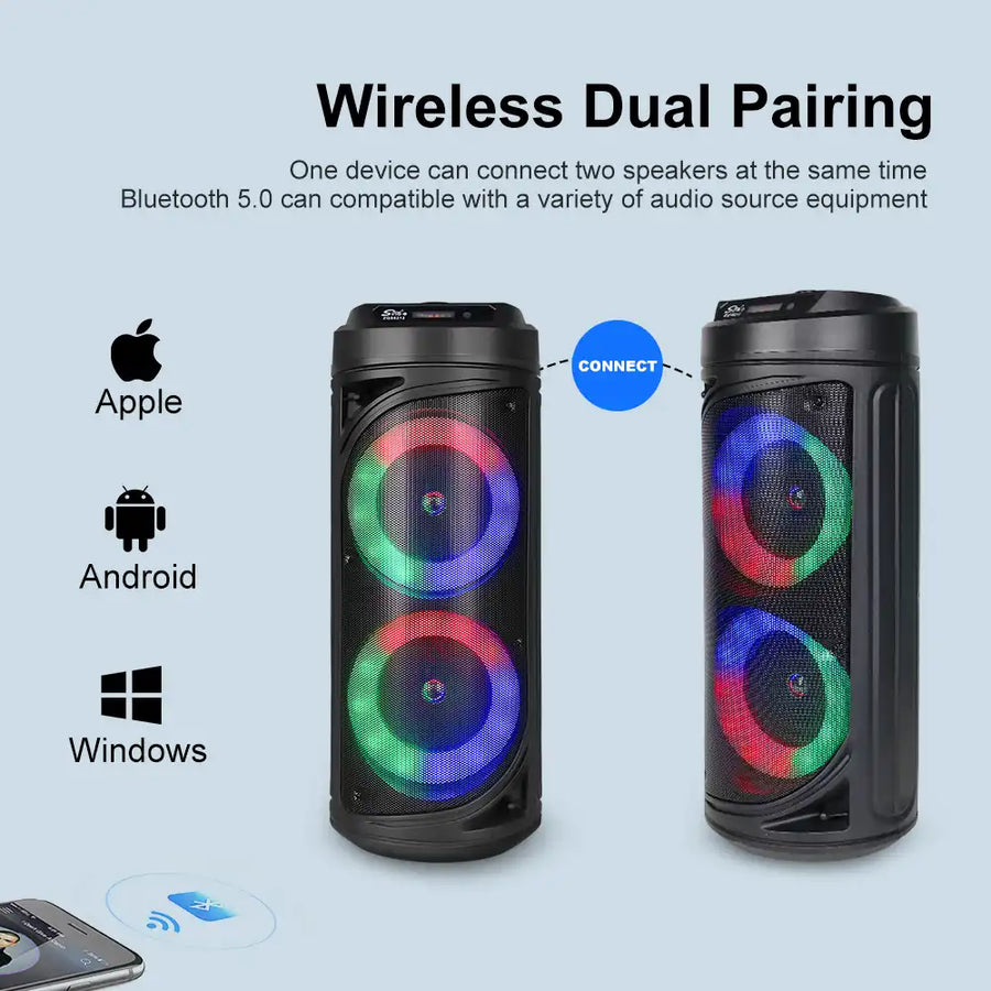 Boxa portabila Bluetooth cu difuzoare duale 8 inch, microfon karaoke, sunet puternic, lumini LED, autonomie mare