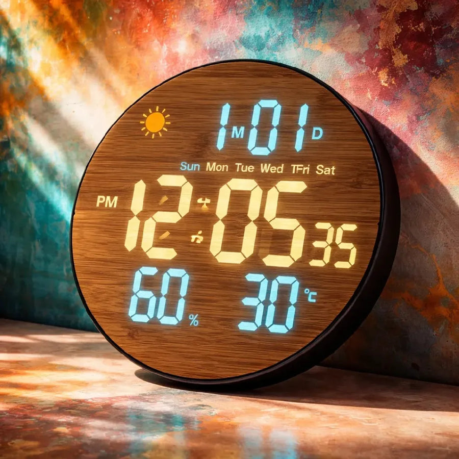 Ceas digital LED de perete, design lemn, 26 cm, cu telecomanda