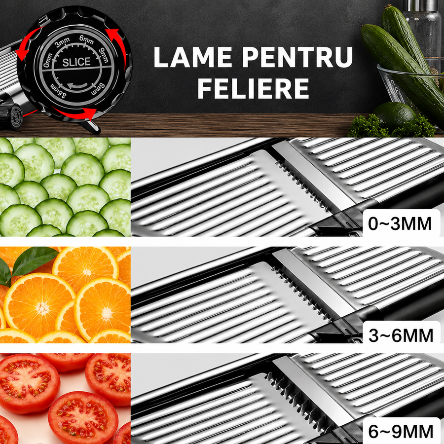 Razatoare Multifunctionala metalica tip mandolina, pentru Legume si Fructe, 5 Taieturi Diferite de la 3 mm la 9 mm Grosime, Lame Detasabile Inox