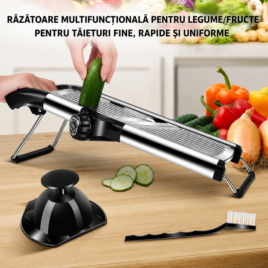 Razatoare Multifunctionala metalica tip mandolina, pentru Legume si Fructe, 5 Taieturi Diferite de la 3 mm la 9 mm Grosime, Lame Detasabile Inox