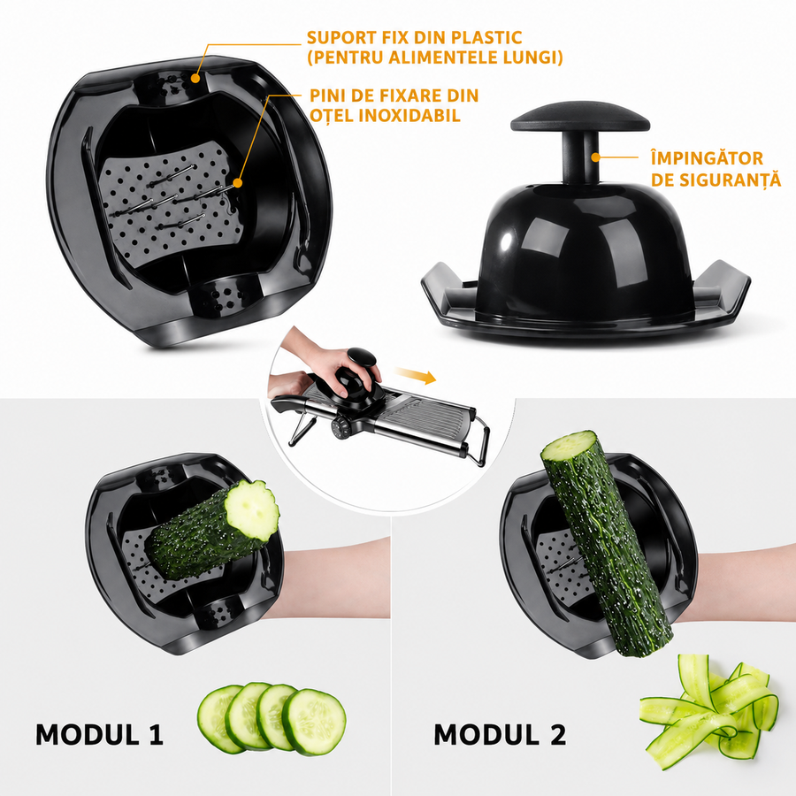 Razatoare Multifunctionala metalica tip mandolina, pentru Legume si Fructe, 5 Taieturi Diferite de la 3 mm la 9 mm Grosime, Lame Detasabile Inox