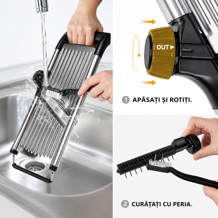 Razatoare Multifunctionala metalica tip mandolina, pentru Legume si Fructe, 5 Taieturi Diferite de la 3 mm la 9 mm Grosime, Lame Detasabile Inox