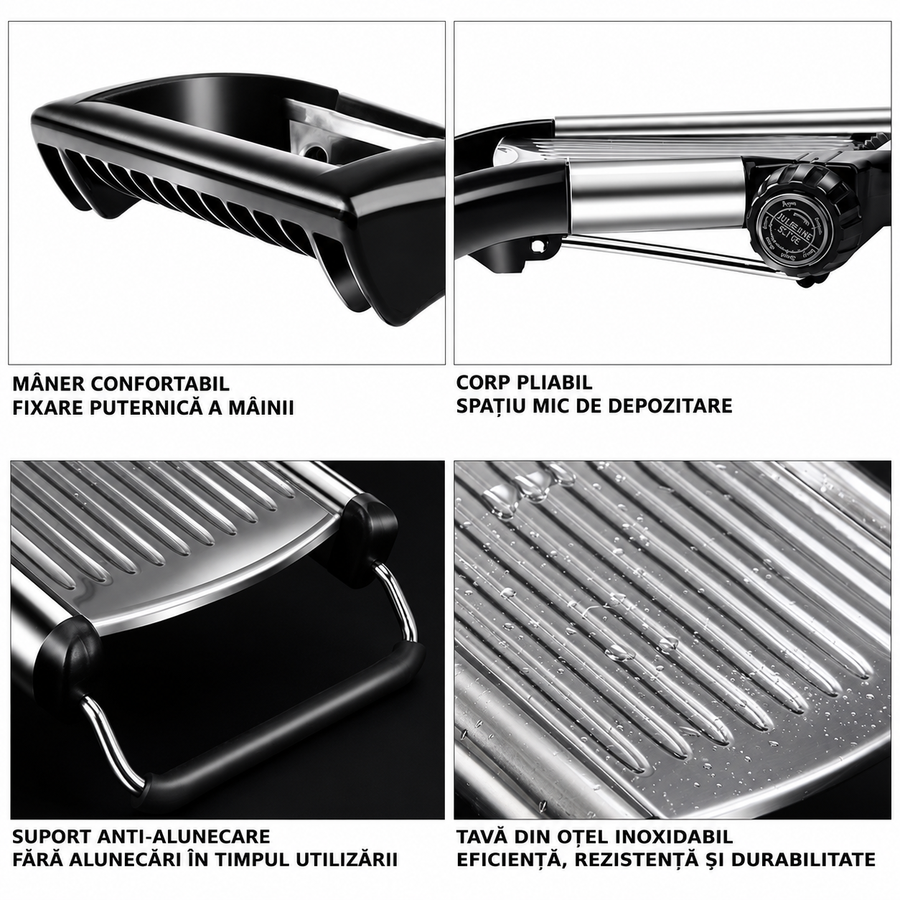Razatoare Multifunctionala metalica tip mandolina, pentru Legume si Fructe, 5 Taieturi Diferite de la 3 mm la 9 mm Grosime, Lame Detasabile Inox