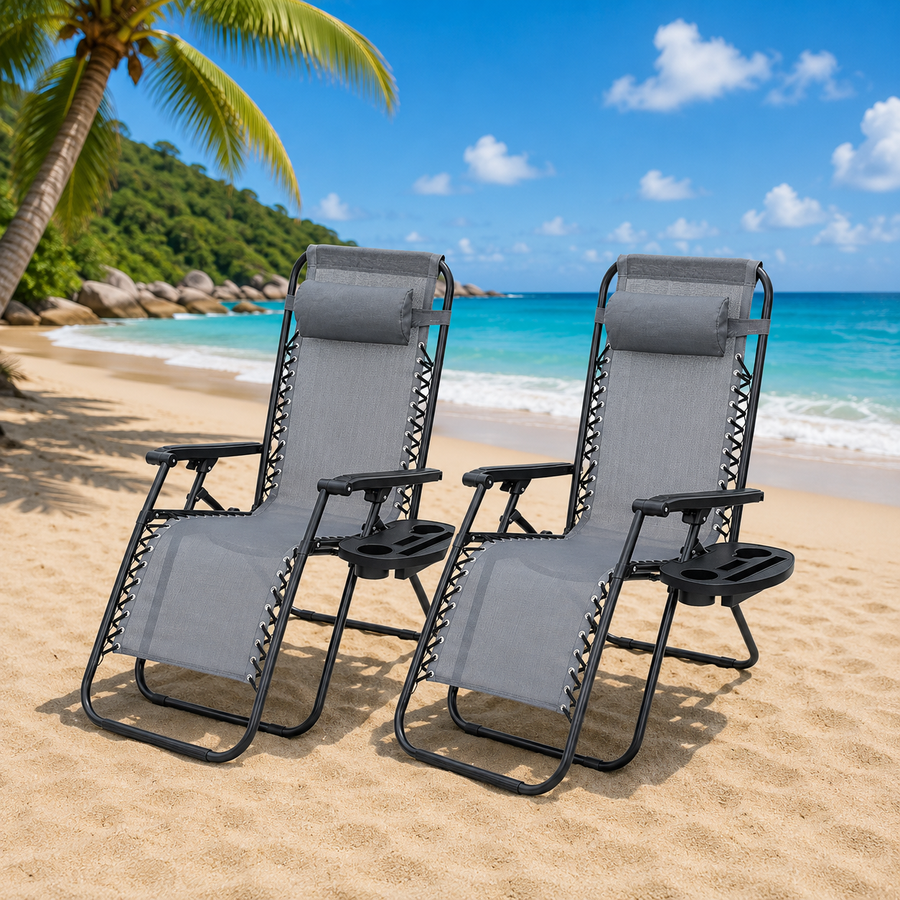Set 2 sezlonguri Zero Gravity rabatabile 176x67x110 cm – plasa Teslin, perna si tava suport