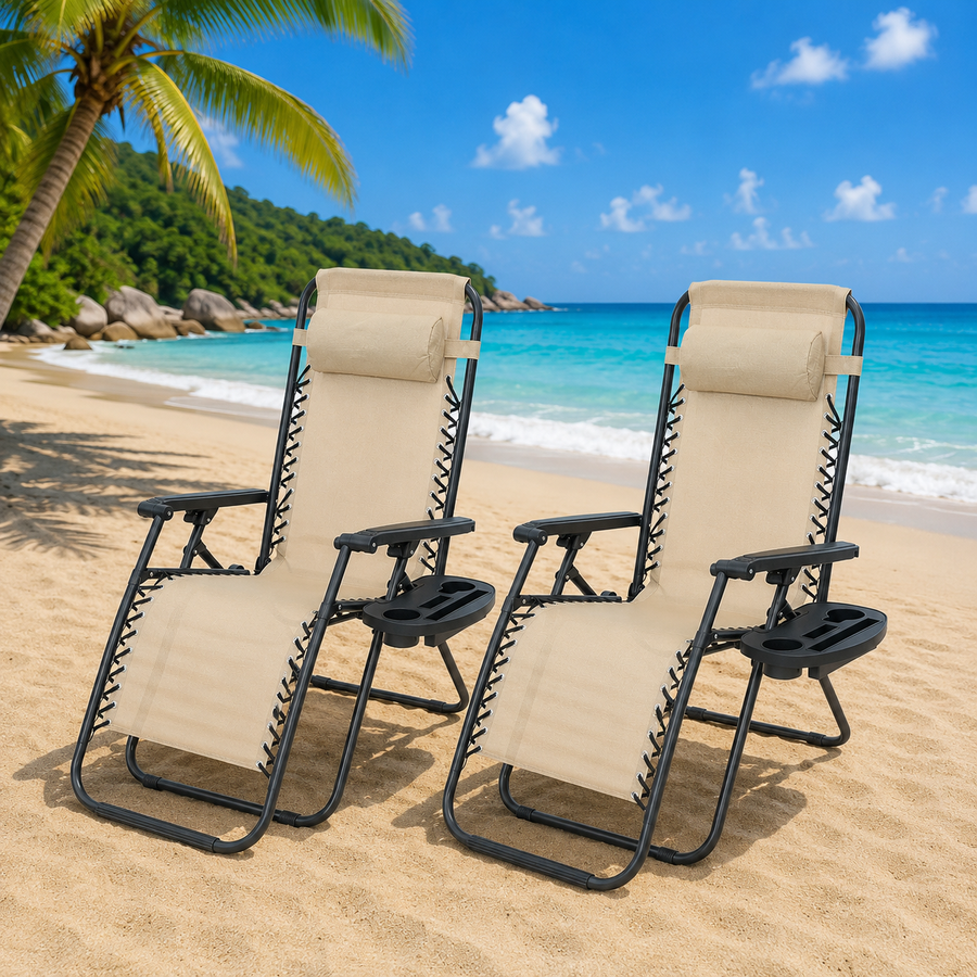 Set 2 sezlonguri Zero Gravity rabatabile 176x67x110 cm – plasa Teslin, perna si tava suport