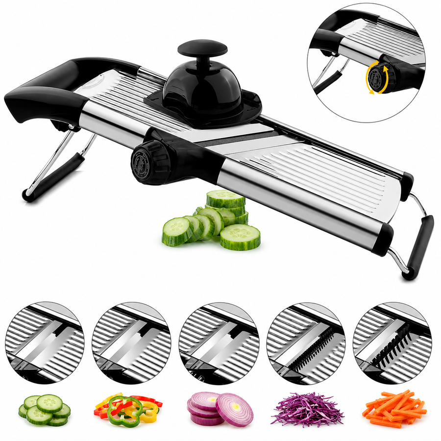 Razatoare Multifunctionala metalica tip mandolina, pentru Legume si Fructe, 5 Taieturi Diferite de la 3 mm la 9 mm Grosime, Lame Detasabile Inox