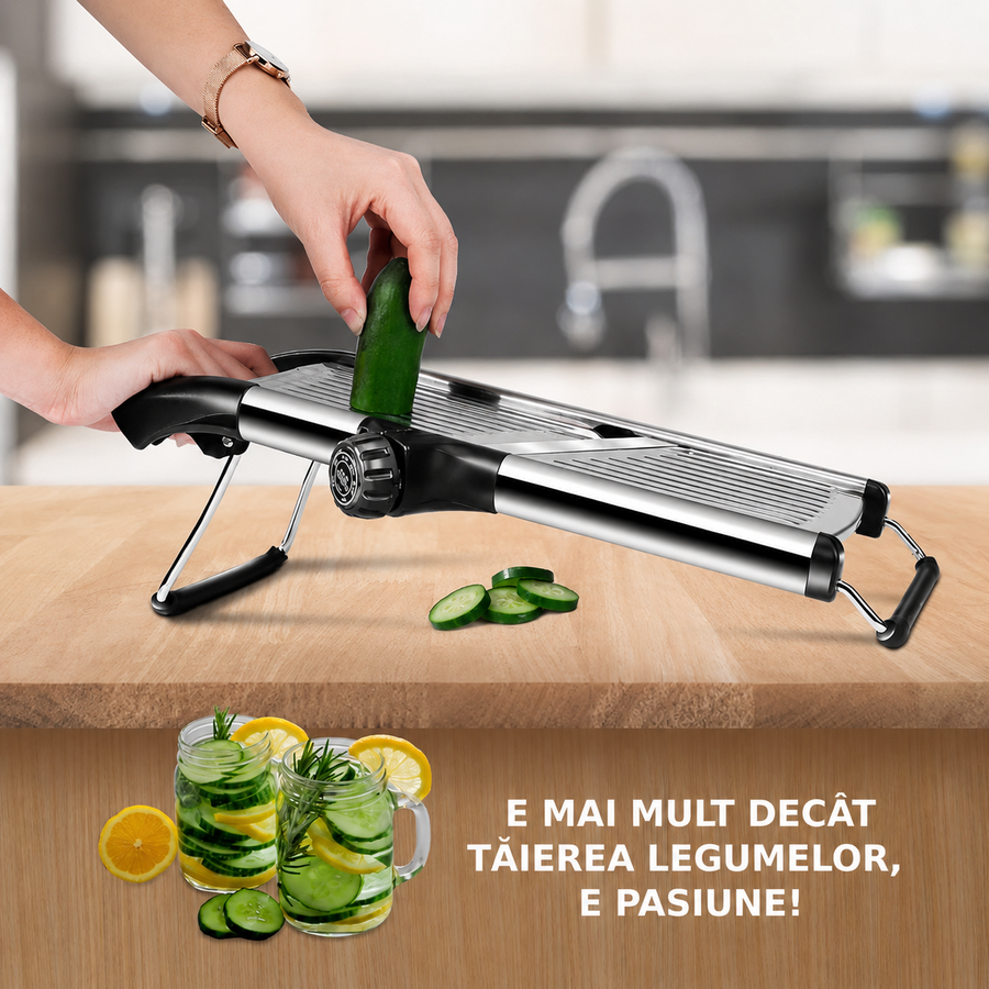 Razatoare Multifunctionala metalica tip mandolina, pentru Legume si Fructe, 5 Taieturi Diferite de la 3 mm la 9 mm Grosime, Lame Detasabile Inox