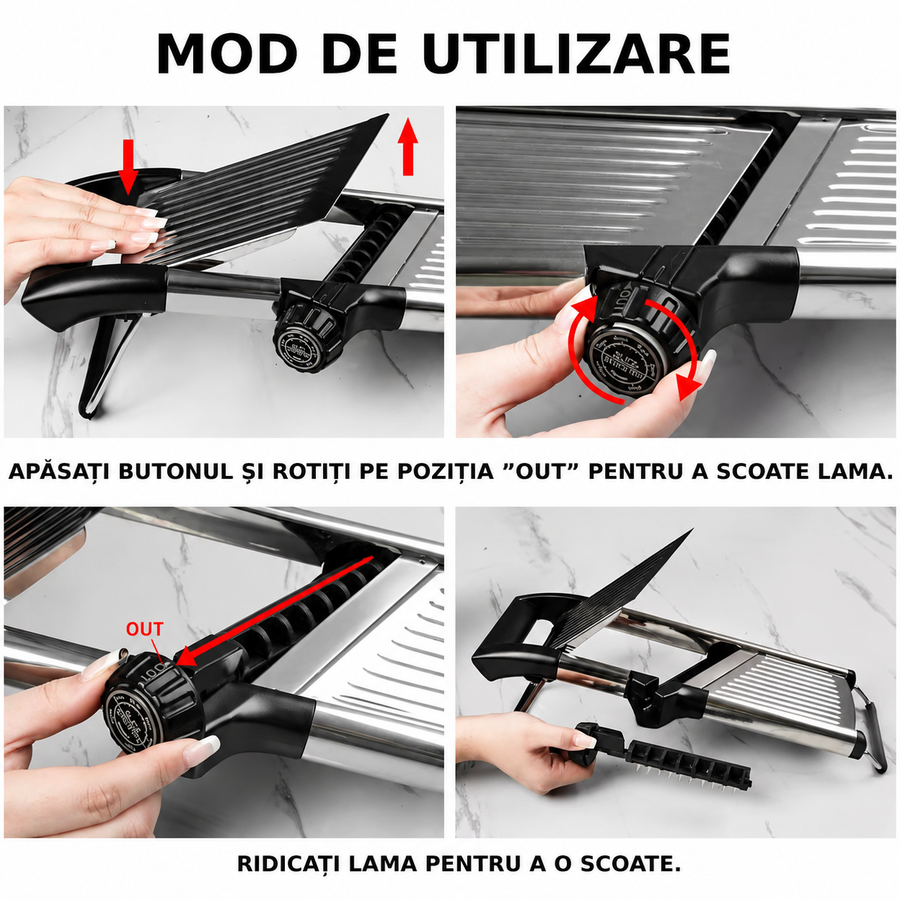 Razatoare Multifunctionala metalica tip mandolina, pentru Legume si Fructe, 5 Taieturi Diferite de la 3 mm la 9 mm Grosime, Lame Detasabile Inox