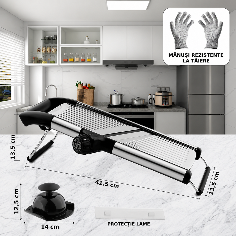 Razatoare Multifunctionala metalica tip mandolina, pentru Legume si Fructe, 5 Taieturi Diferite de la 3 mm la 9 mm Grosime, Lame Detasabile Inox