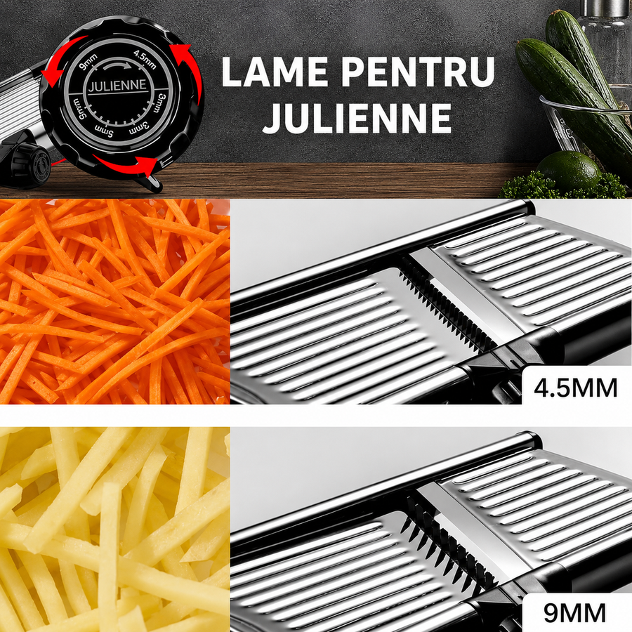 Razatoare Multifunctionala metalica tip mandolina, pentru Legume si Fructe, 5 Taieturi Diferite de la 3 mm la 9 mm Grosime, Lame Detasabile Inox