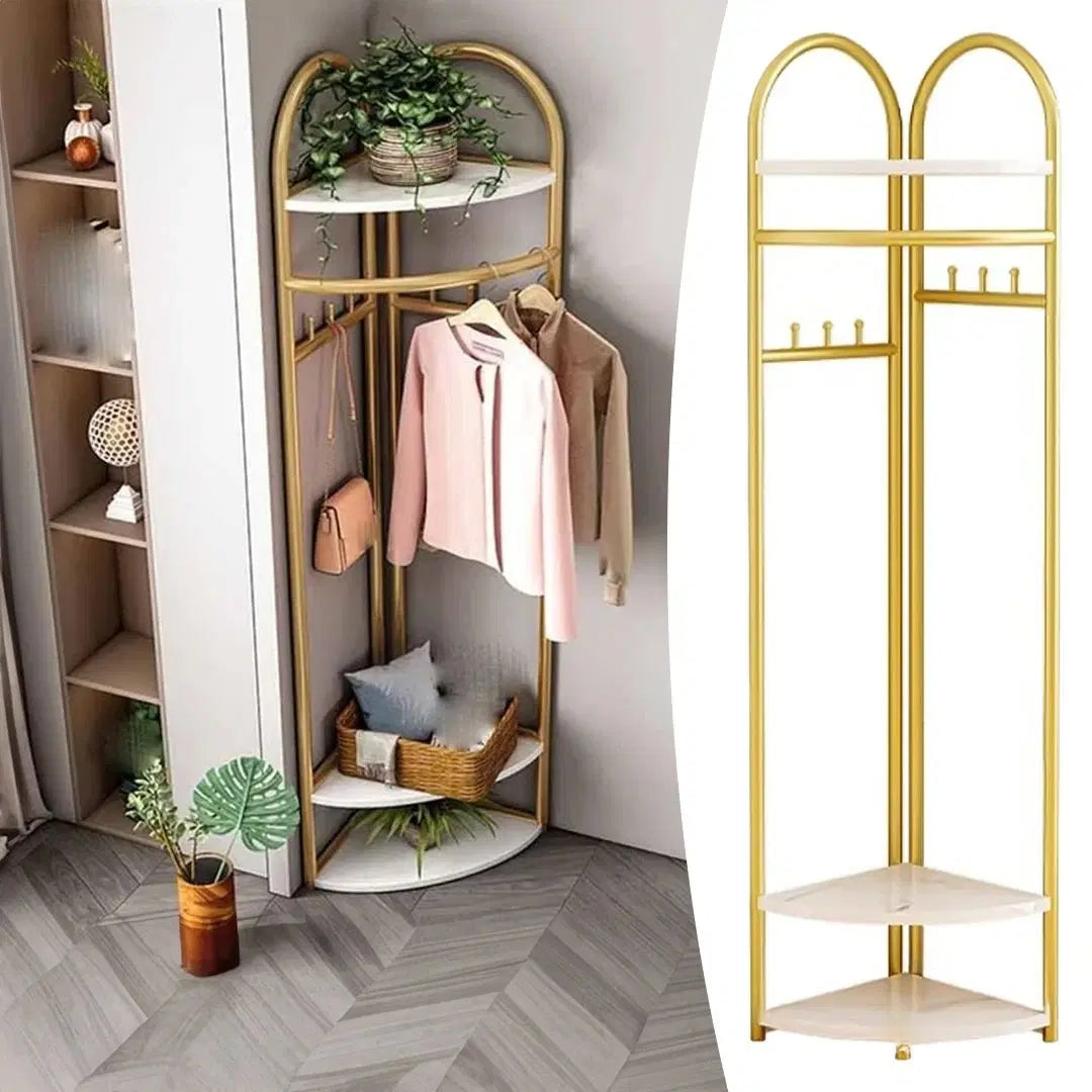 RESIGILAT - Cuier de colt, Metalic Auriu, cu Blaturi din MDF, 3 Rafturi, 6 Carlige, Inaltime 170 cm