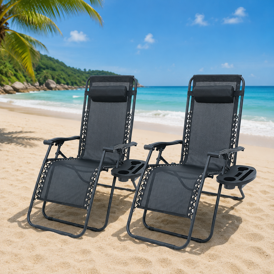 Set 2 sezlonguri Zero Gravity rabatabile 176x67x110 cm – plasa Teslin, perna si tava suport