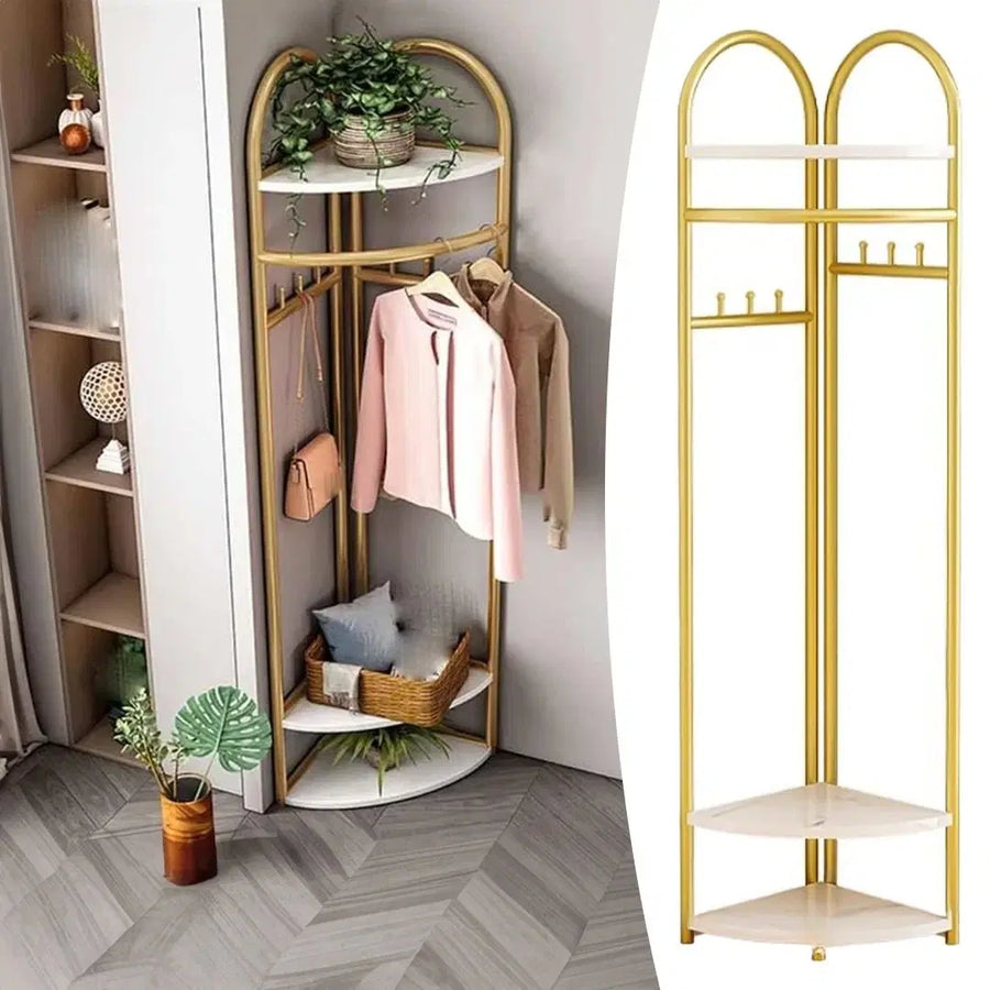 Cuier de colt, Metalic Auriu, cu Blaturi din MDF, 3 Rafturi, 6 Carlige, Inaltime 170 cm