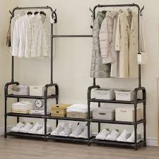 Suport haine metalic  cu rafturi depozitare si carlige laterale Negru 164x137x26 cm