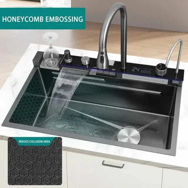 Chiuveta Bucatarie Multifunctionala Negru Grafit cu 2 Cascade, Robinet Cascada, Afisaj Digital Temperatura, Accesorii Incluse
