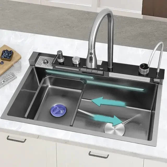 RESIGILAT - Chiuveta multifunctionala cu 2 cascade cu accesorii incluse, afisaj digital a temperaturii si robinet cascada, culoare negru grafit