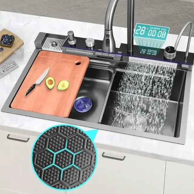 Chiuveta Bucatarie Multifunctionala Negru Grafit cu 2 Cascade, Robinet Cascada, Afisaj Digital Temperatura, Accesorii Incluse