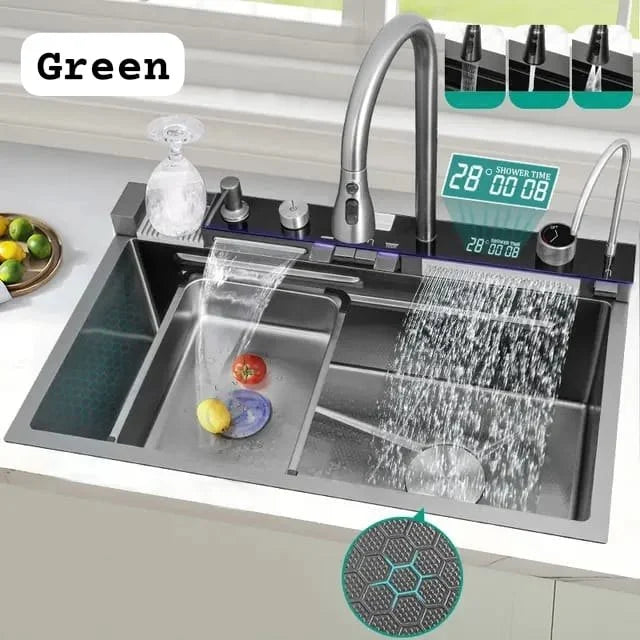 RESIGILAT - Chiuveta multifunctionala cu 2 cascade cu accesorii incluse, afisaj digital a temperaturii si robinet cascada, culoare negru grafit