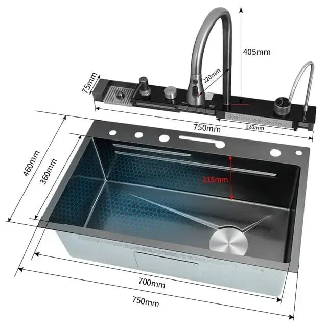 Chiuveta Bucatarie Multifunctionala Negru Grafit cu 2 Cascade, Robinet Cascada, Afisaj Digital Temperatura, Accesorii Incluse
