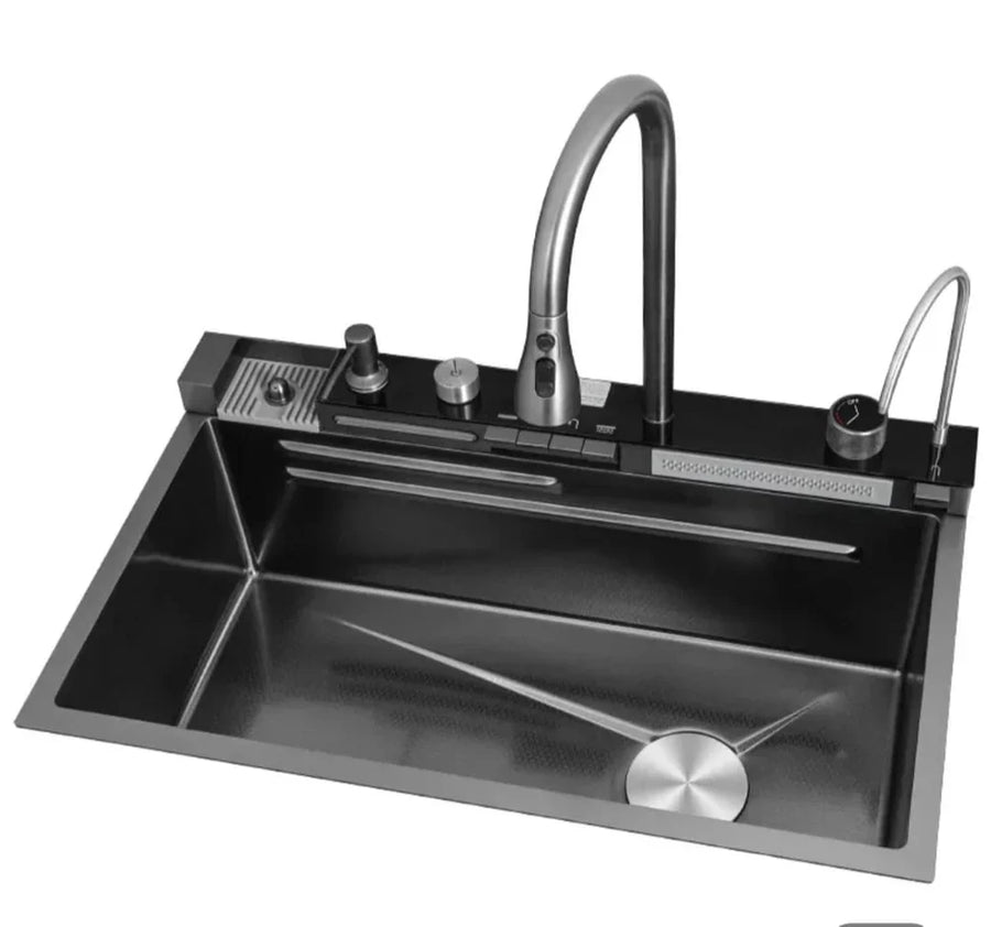 Chiuveta Bucatarie Multifunctionala Negru Grafit cu 2 Cascade, Robinet Cascada, Afisaj Digital Temperatura, Accesorii Incluse