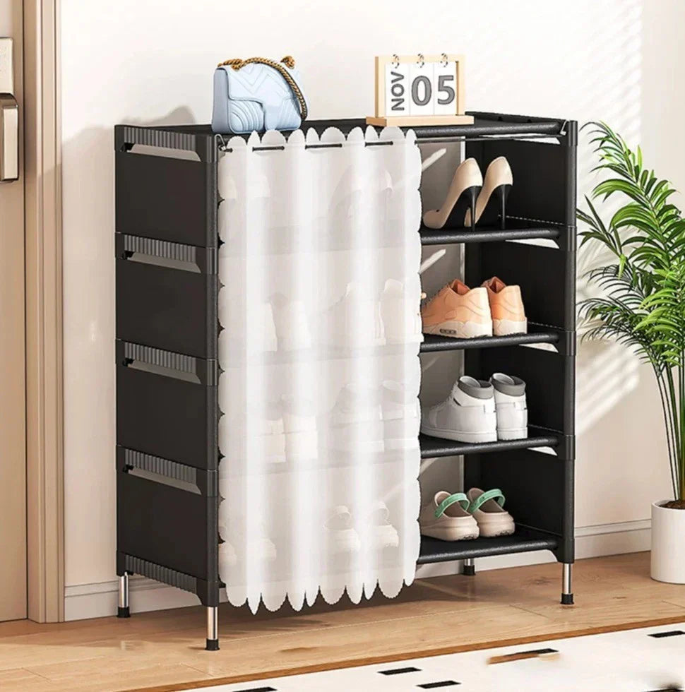 Organizator pantofi 5 rafturi cu perdea protectie, 58x26x78cm, negru