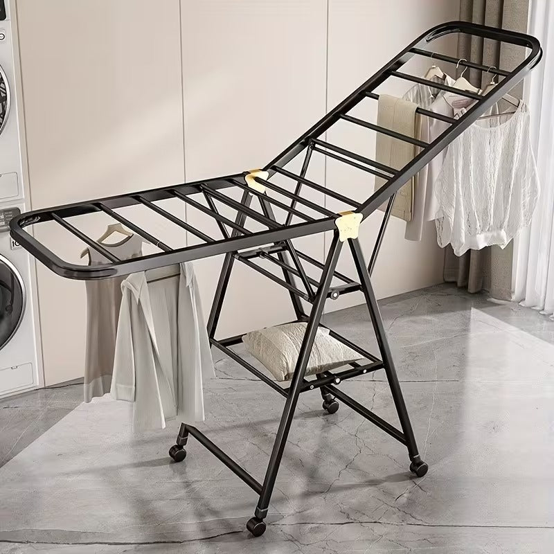 RESIGILAT - Uscator rufe metalic 180x130 cm, pliabil, cu roti, suport incaltaminte si aripi laterale, alb/negru