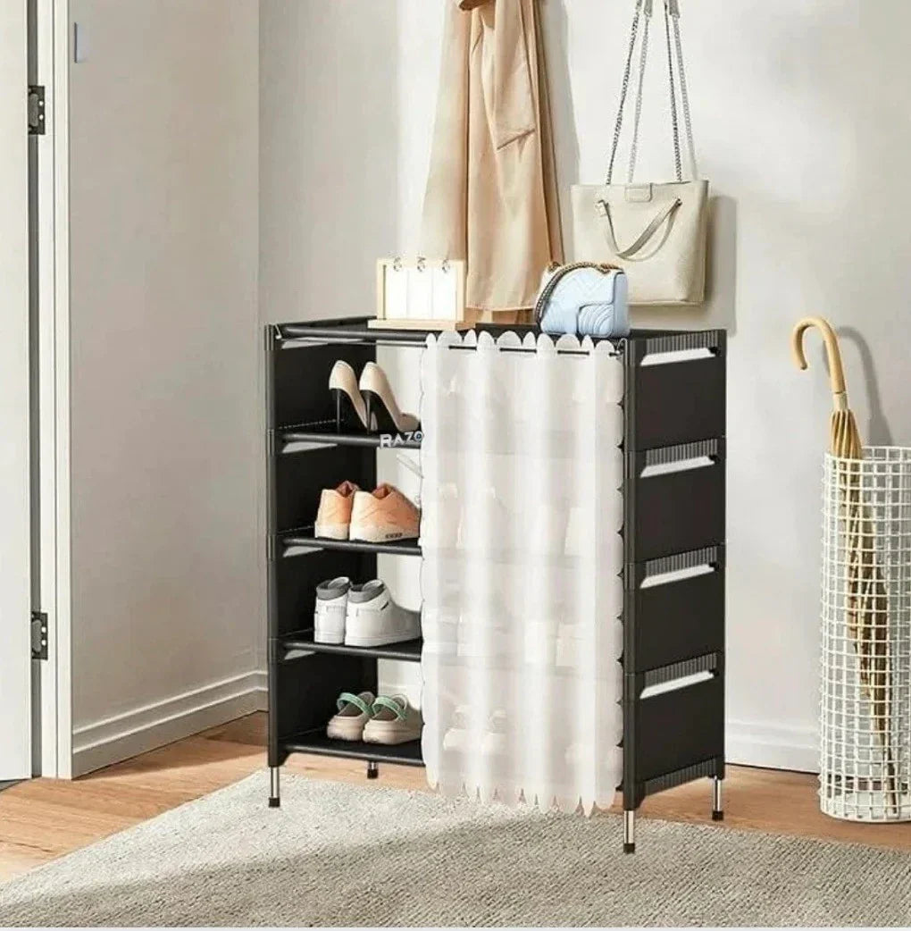 Organizator pantofi 5 rafturi cu perdea protectie, 58x26x78cm, negru