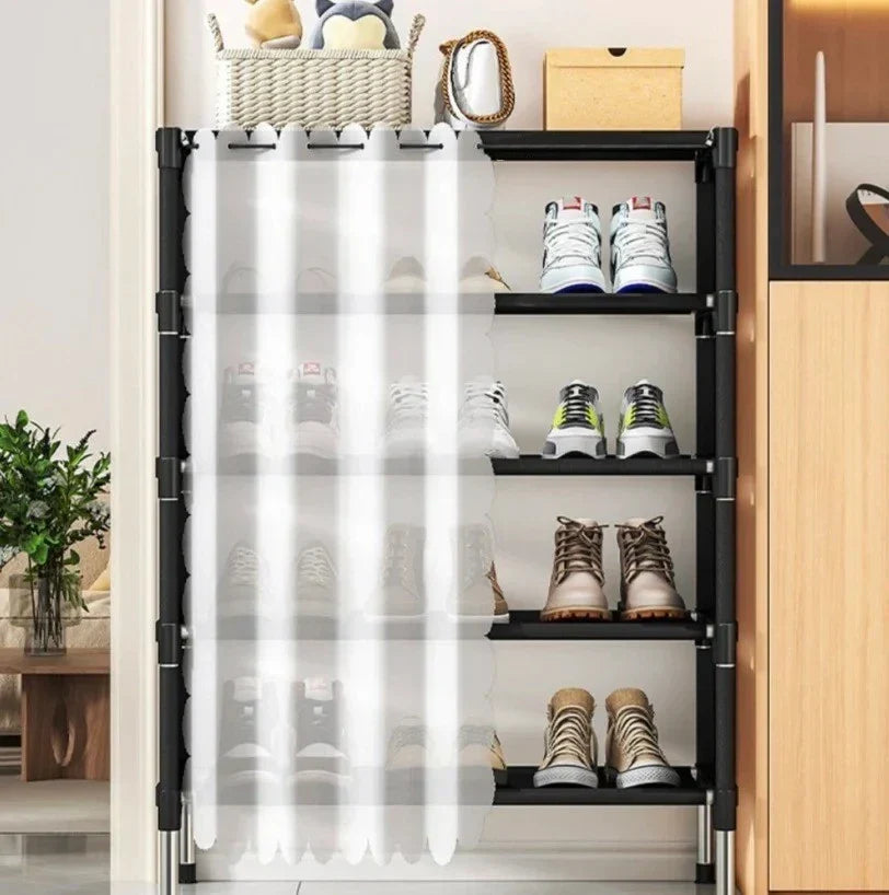 Organizator pantofi 5 rafturi cu perdea protectie, 58x26x78cm, negru