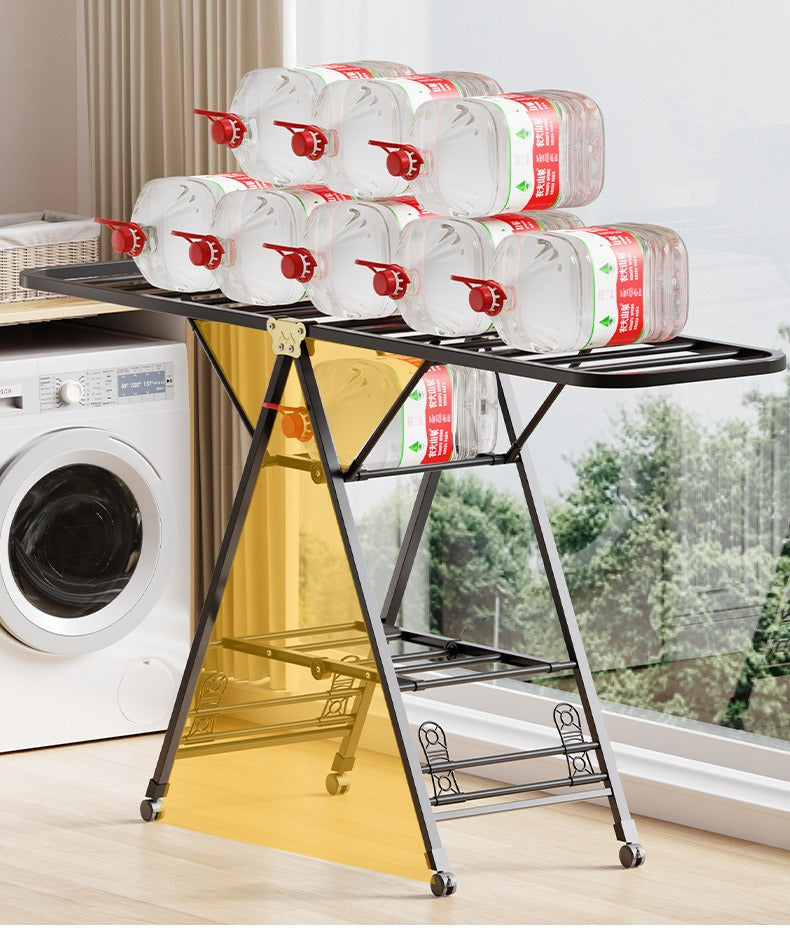 Uscator rufe metalic 180x130 cm, pliabil, cu roti, suport incaltaminte si aripi laterale, alb/negru