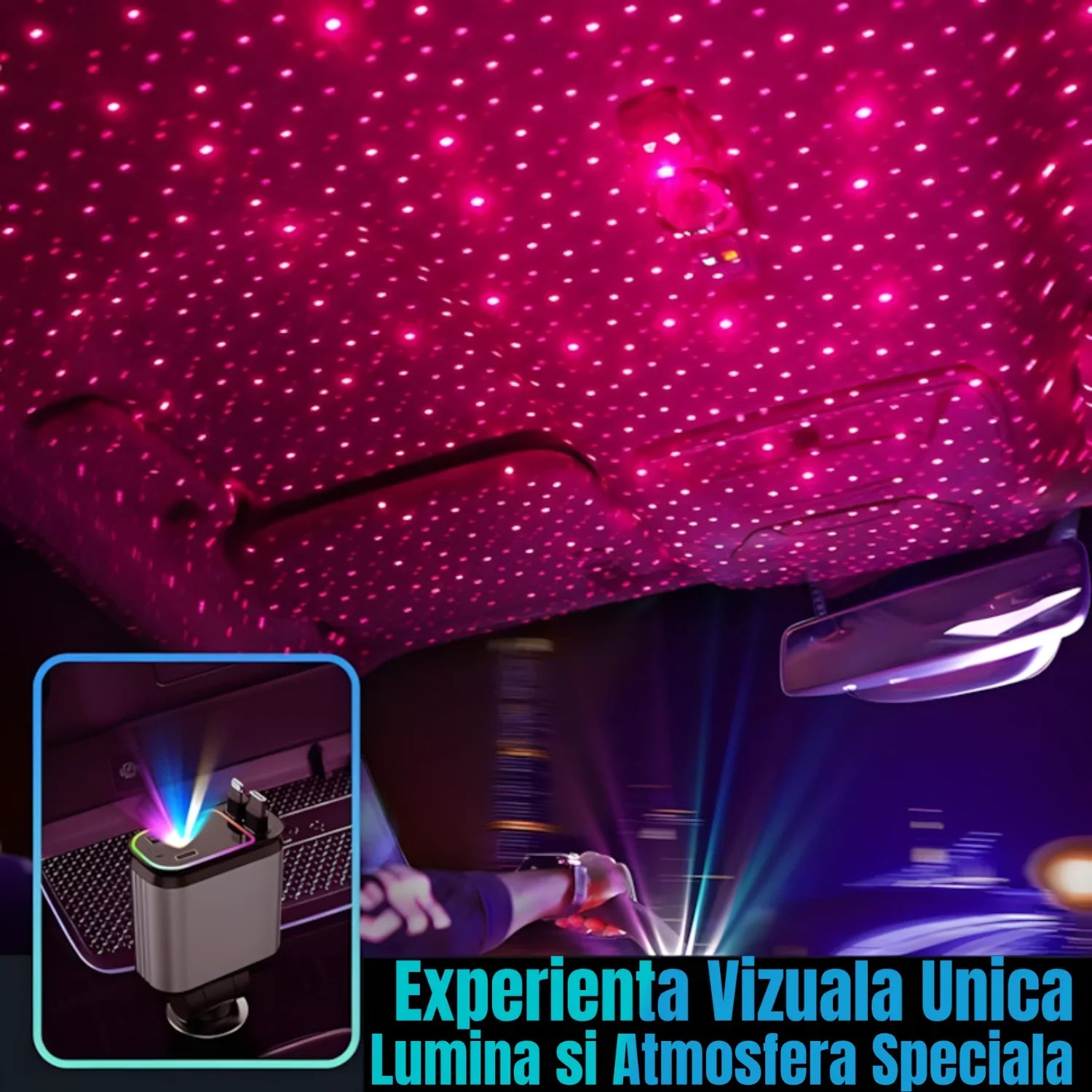 Incarcator Auto Retractabil 4-in-1 Fast Charge, 2 Cabluri Retractabile Lightning & Type-C, Iluminare RGB, Proiectie Stelara Laser