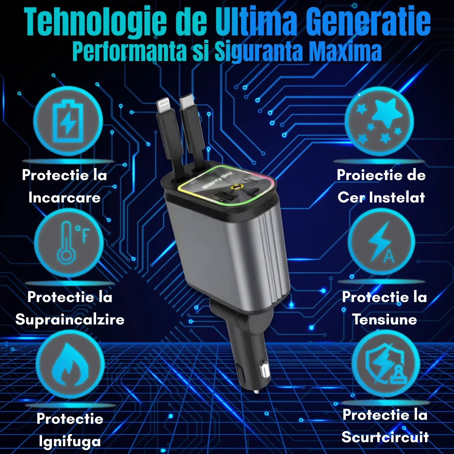 Incarcator Auto Retractabil 4-in-1 Fast Charge, 2 Cabluri Retractabile Lightning & Type-C, Iluminare RGB, Proiectie Stelara Laser