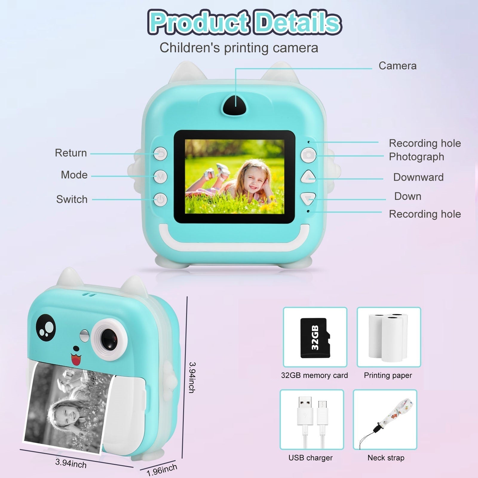 RESIGILAT - Aparat foto digital cu imprimare termica pentru copii, focalizare automata, display color de 2,4 inch 1080P Full HD
