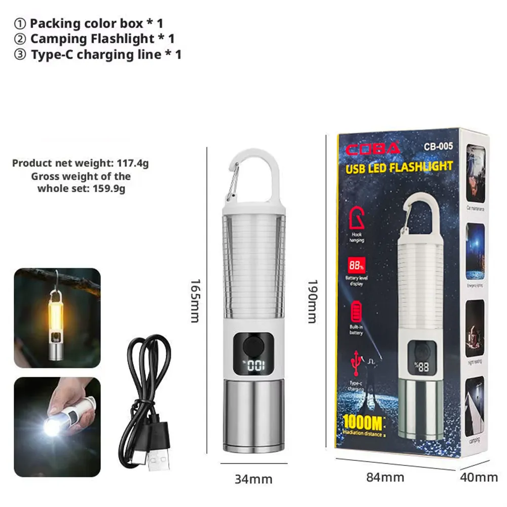 Lanterna LED telescopica, cu display si carlig de prindere, incarcare USB Type-C, CB-005