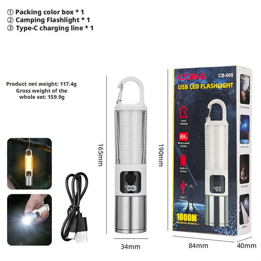 Lanterna LED telescopica, cu display si carlig de prindere, incarcare USB Type-C, CB-005