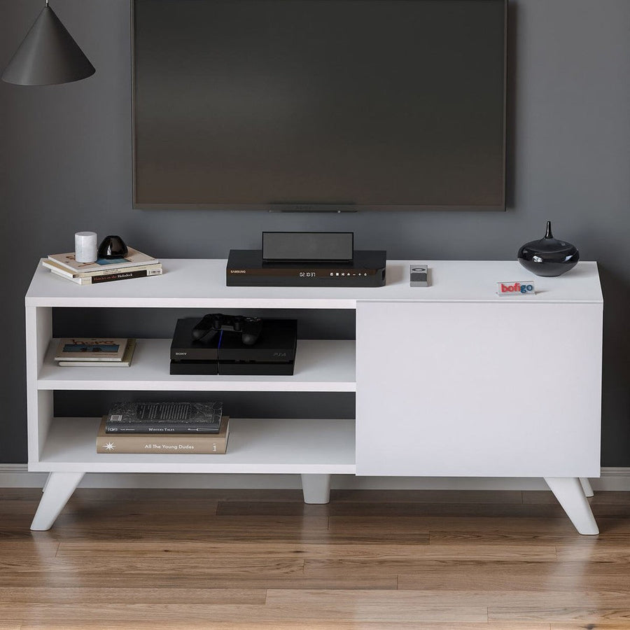 Comoda TV Bofigo Malta alba, in living modern cu TV
