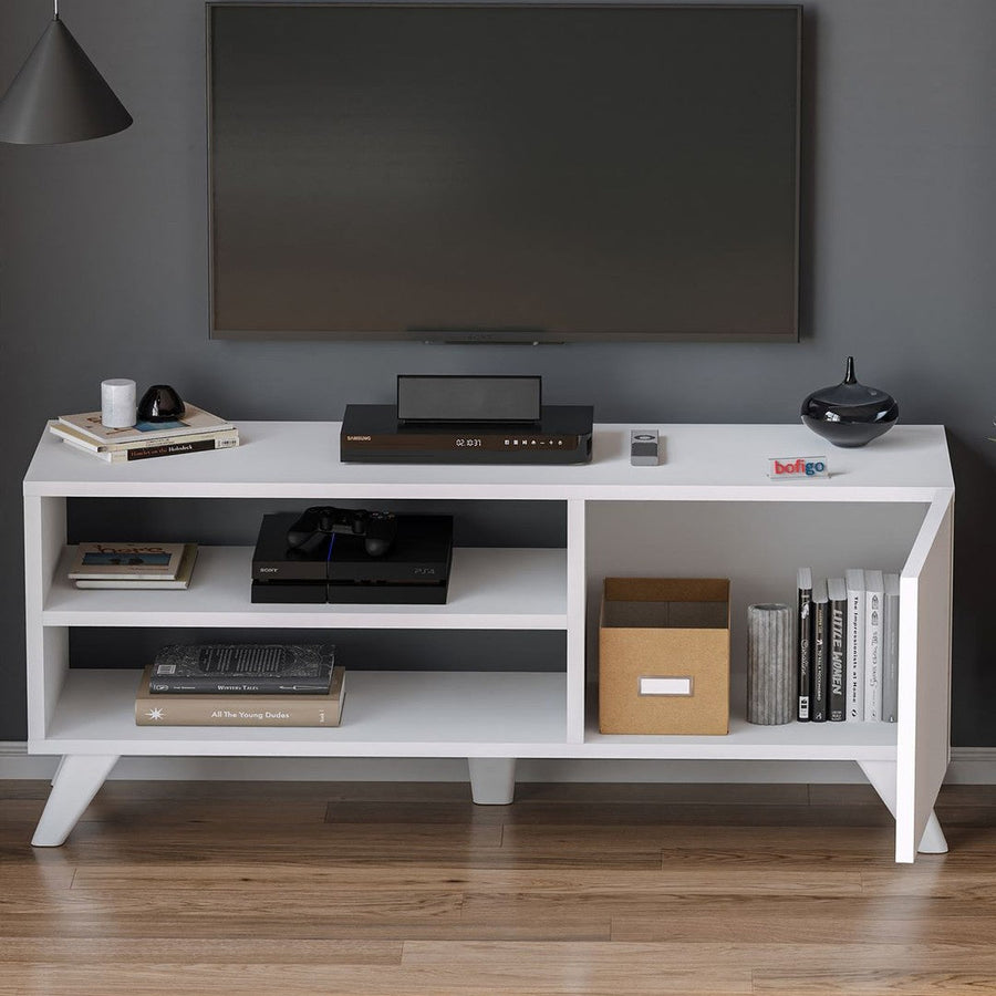 Comoda TV Bofigo Malta alba, vedere frontala cu accesorii