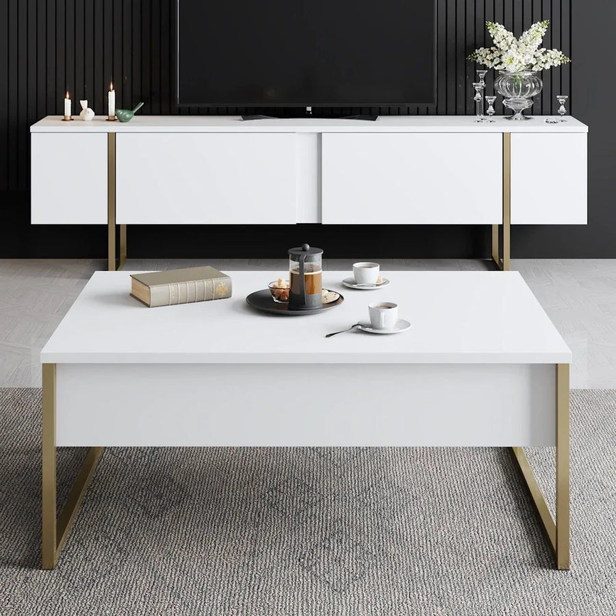 Masuta cafea alba premium cu picioare aurii metalice 90x60 cm design elegant