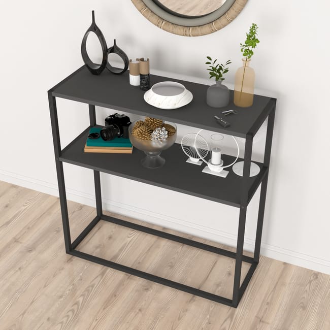Masă consola decorativa cu 2 rafturi, 90x90x33,5 cm, efect stejar și cadru metalic